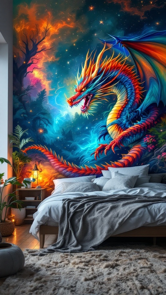 A colorful dragon mural on a bedroom wall with a cozy bed and plants