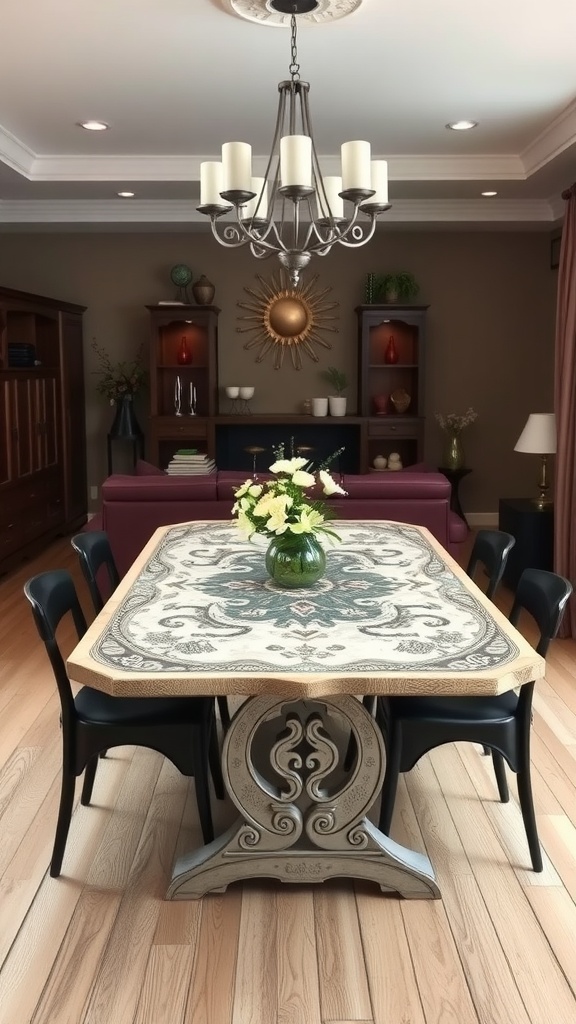 A Nordic mythology themed dining table with intricate design, surrounded by black chairs and a floral centerpiece.