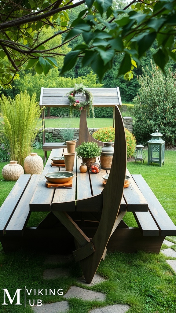 A Viking-style picnic table outdoors surrounded by greenery.