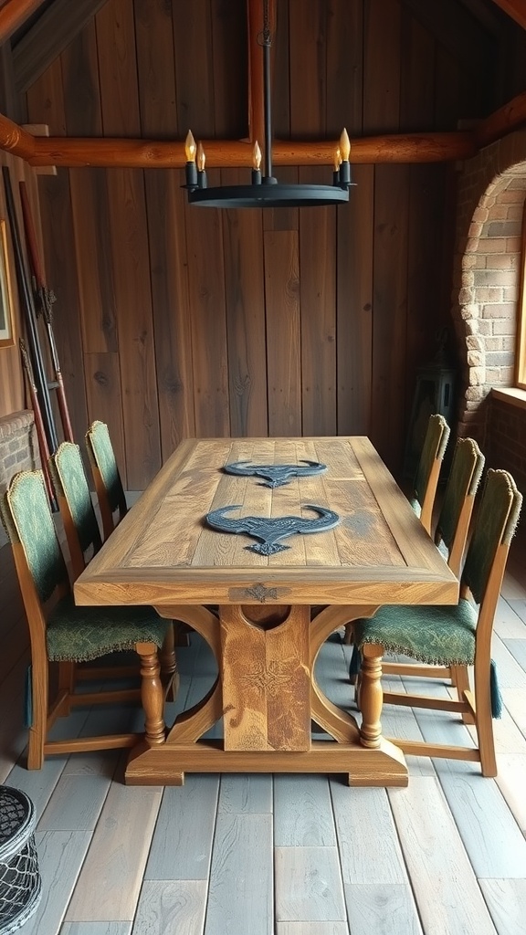 A reclaimed wood Viking dining table with ornate metal accents and green upholstered chairs.