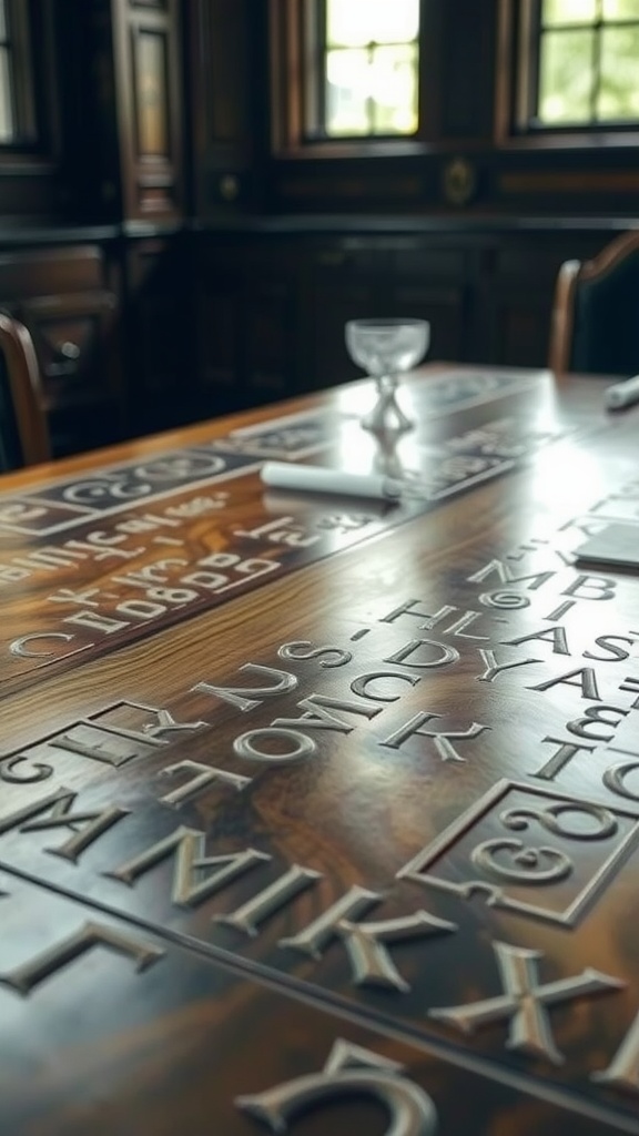 Wood dining table with intricate runic inscriptions on the surface.