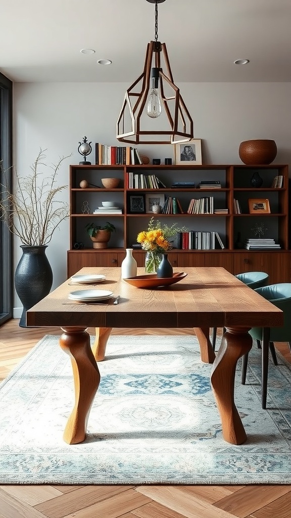 Viking-style dining table with sculptural legs in a modern setting