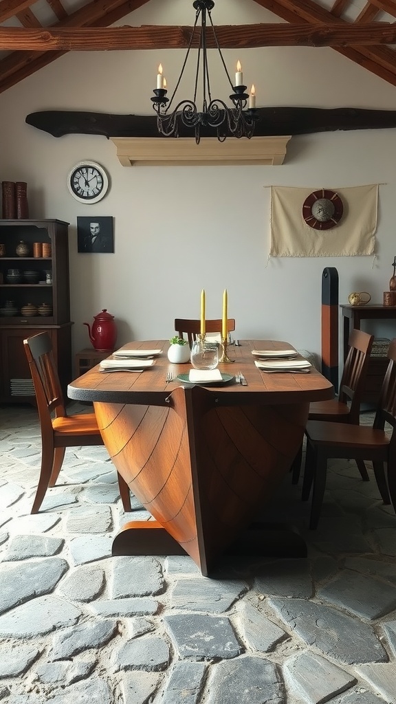 A beautifully crafted dining table designed to resemble a Viking ship hull, surrounded by wooden chairs in a cozy setting.