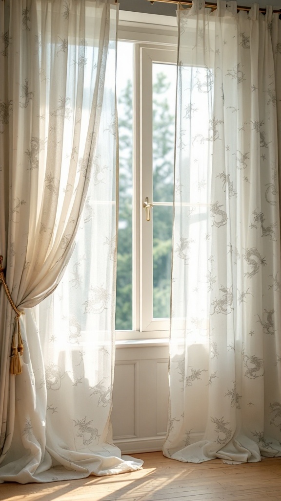 Light curtains with dragon patterns hanging by a window.