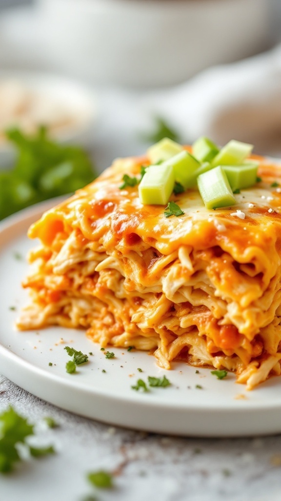 A plate of Buffalo Chicken Lasagna with layers of chicken and cheese.
