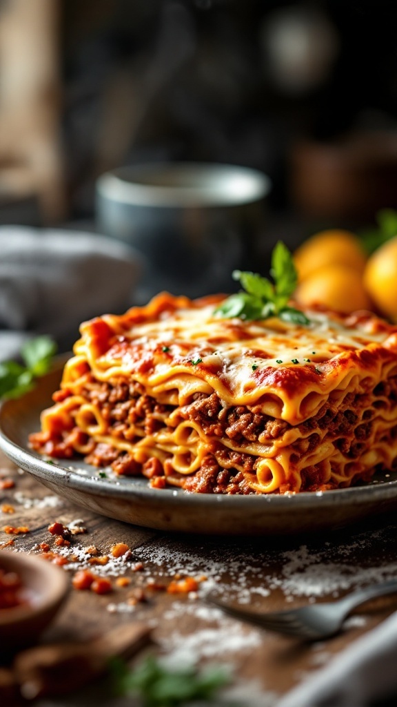 Classic Italian lasagna with layers of meat, cheese, and pasta.