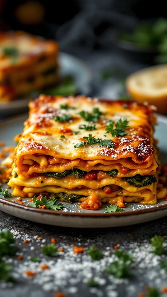 Delicious curried vegetable lasagna with layers of pasta, vegetables, and cheese.