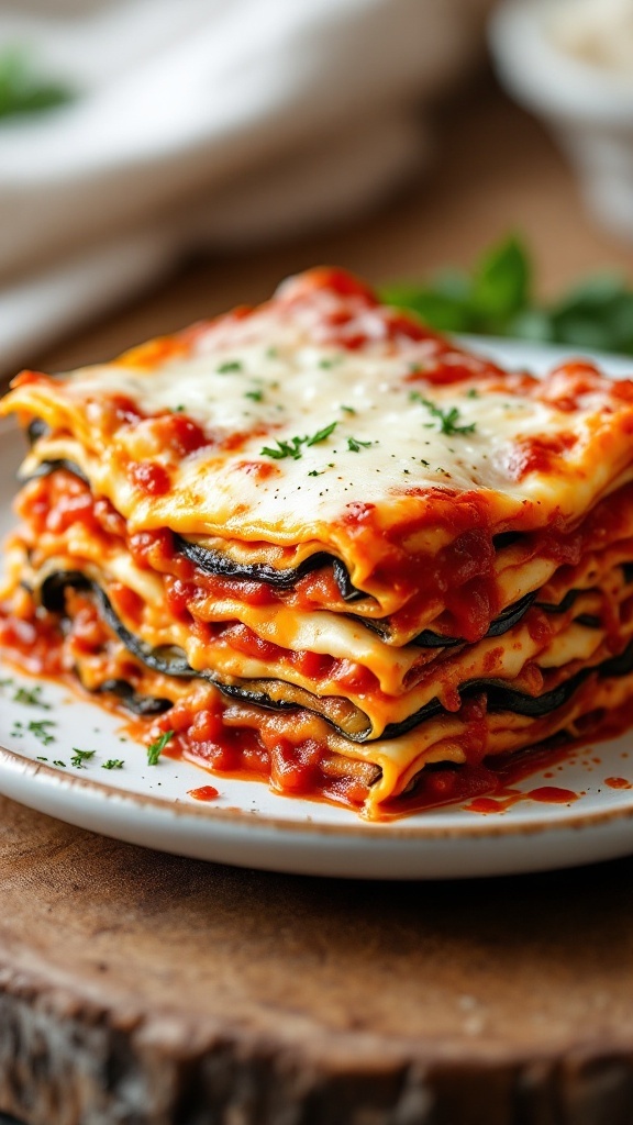 A serving of delicious eggplant lasagna layered with cheese and marinara sauce.