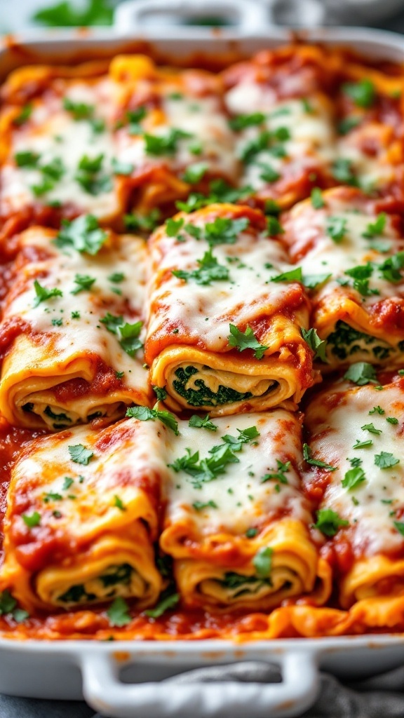 A dish of lasagna roll-ups topped with marinara sauce and sprinkled with fresh herbs.