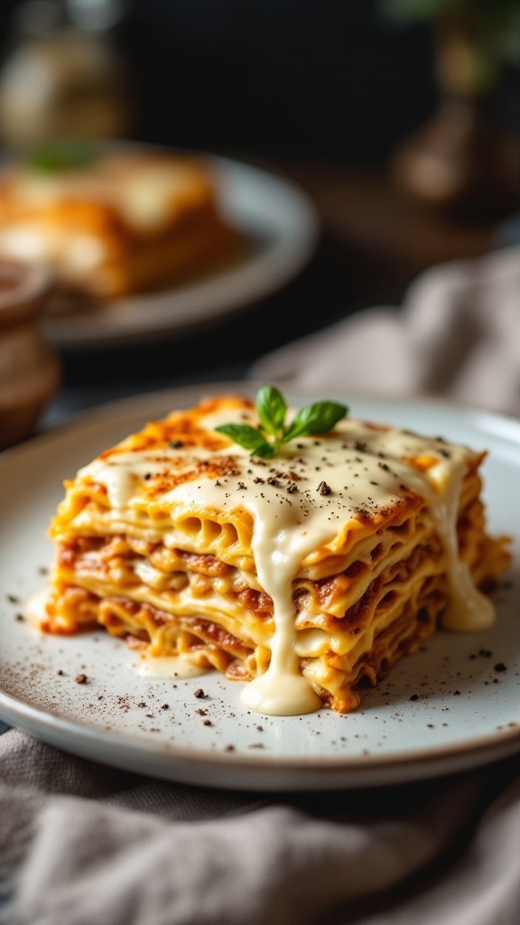A delicious serving of lasagna with béchamel sauce and nutmeg