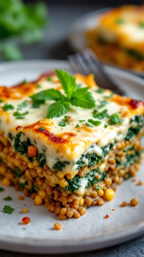 A delicious slice of lentil and kale lasagna with layers of cheese and greens