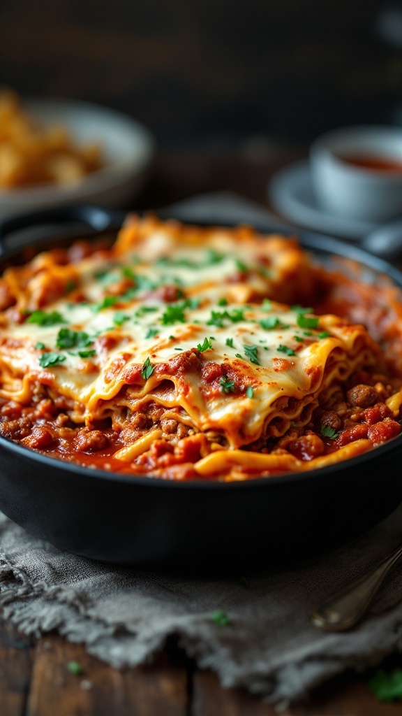 A delicious meat lovers' lasagna with layers of sausage, beef, and cheese.