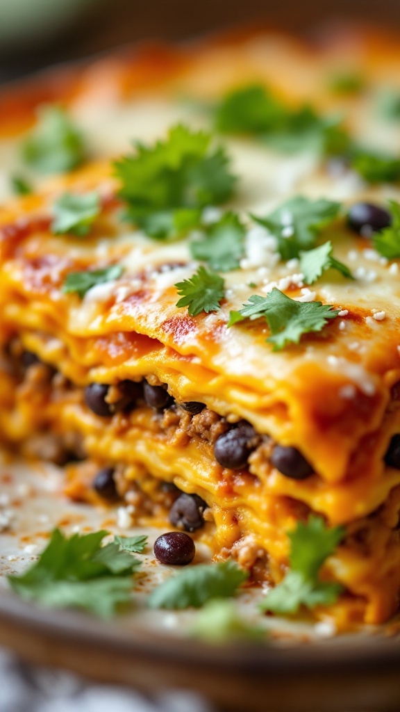 A delicious plate of Mexican Lasagna with Tortillas, garnished with cilantro.
