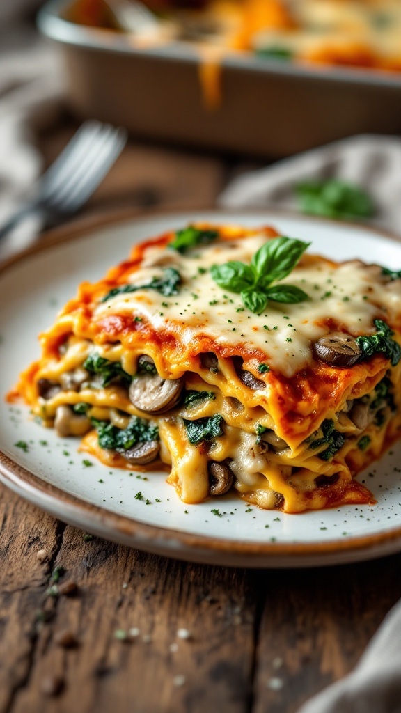 A serving of mushroom and spinach lasagna on a plate with fresh herbs.