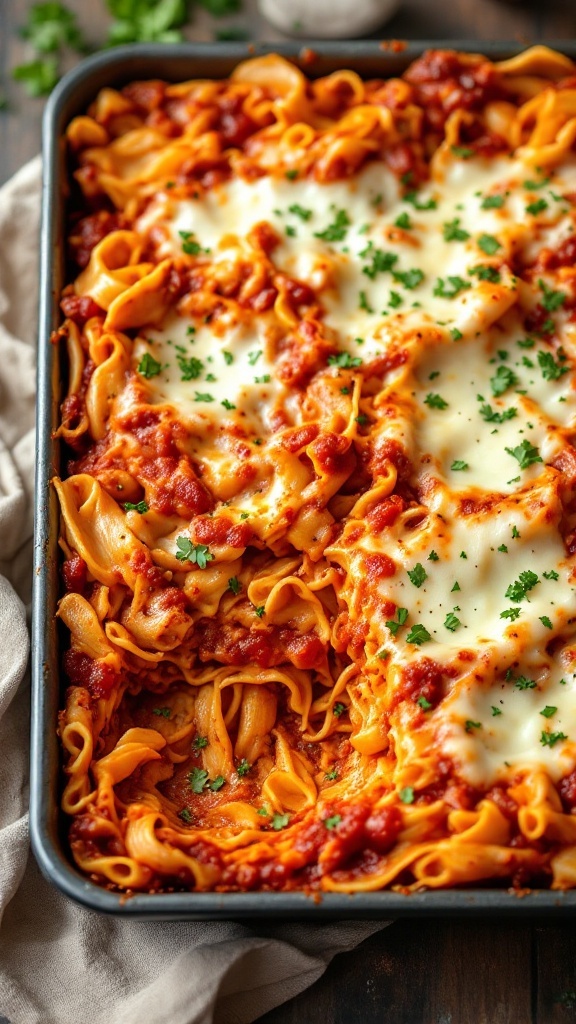 A delicious one-pan lasagna with melted cheese, noodles, and meat sauce.