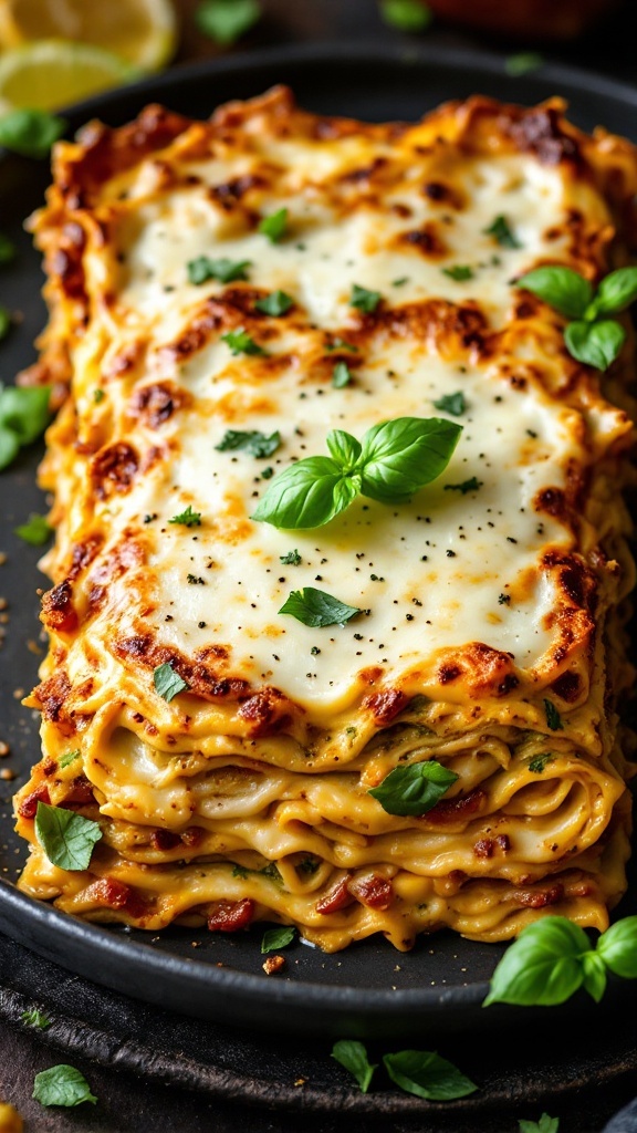 Delicious pesto lasagna with grilled chicken and cheese.