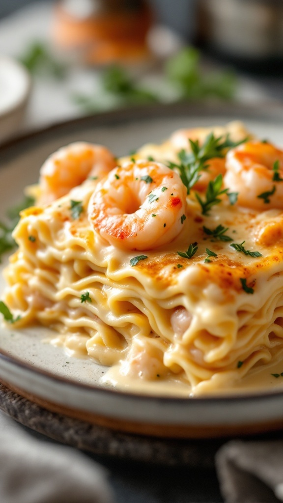 A delicious seafood lasagna featuring layers of shrimp and crab