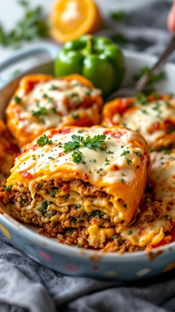 Stuffed Pepper Lasagna with ground meat, cheese, and marinara sauce topped with herbs.