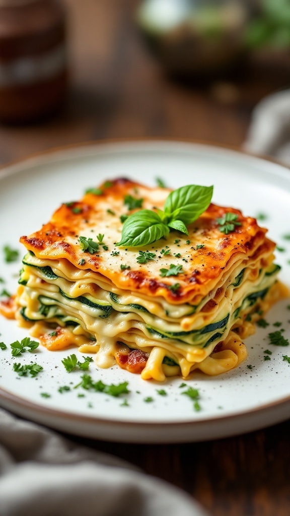 Zucchini lasagna with layers of cashew cream and fresh herbs.
