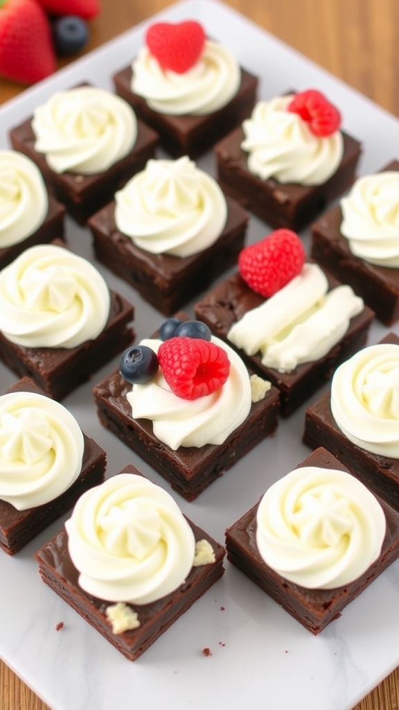 A plate of American Flag Brownie Bites decorated with strawberries, blueberries, and white frosting.