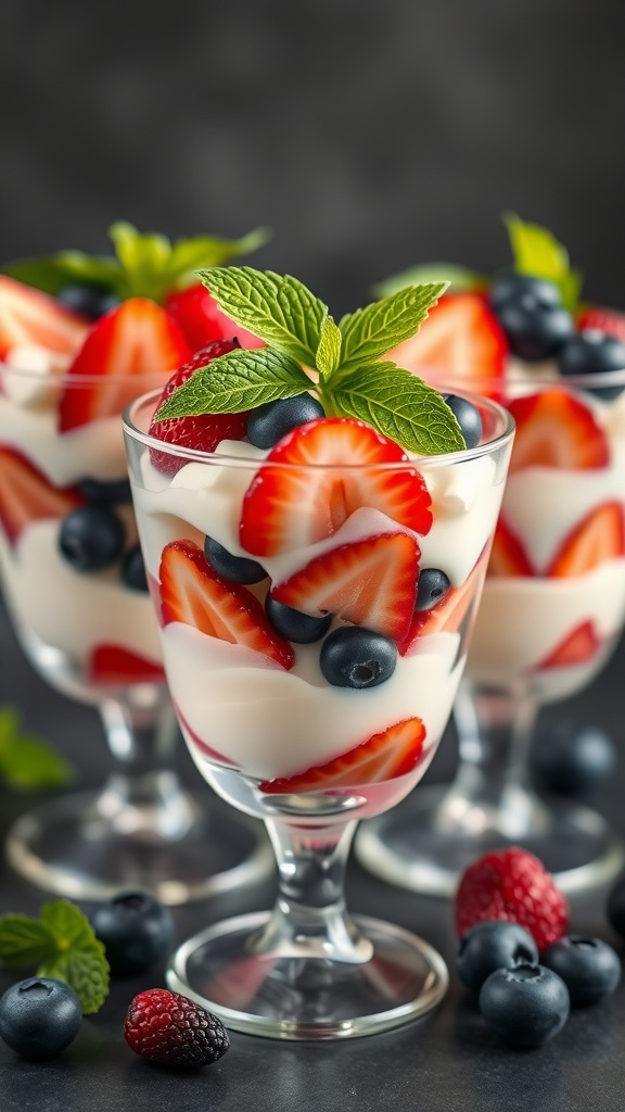 Colorful berry parfaits with layers of strawberries, blueberries, and a creamy base, garnished with mint leaves.