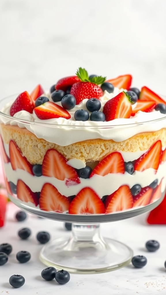 A delicious berry trifle featuring layers of strawberries, blueberries, and whipped cream.