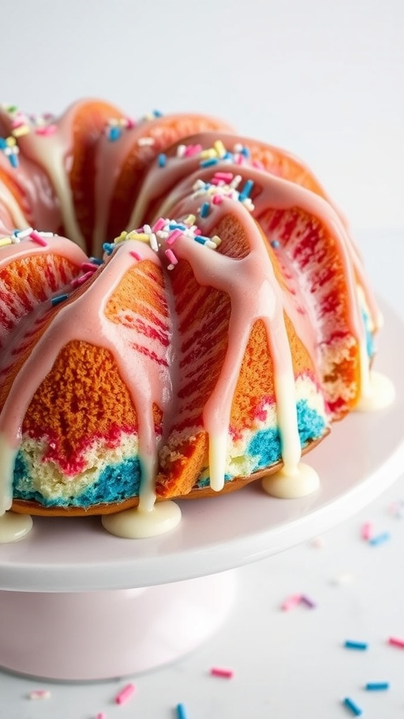 A colorful bundt cake decorated with icing and sprinkles, embodying the red, white, and blue theme.