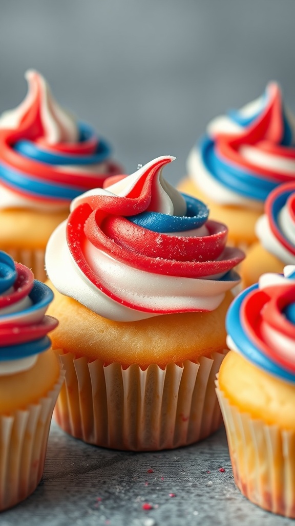 Colorful Firecracker Cupcakes decorated with red, white, and blue frosting.