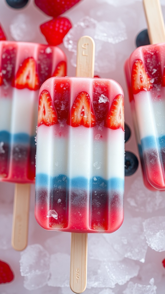 A colorful display of firecracker popsicles with red, white, and blue layers, garnished with fresh fruits.