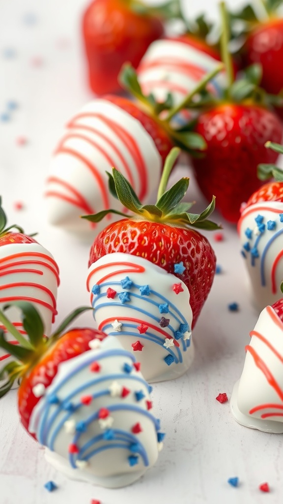 Delicious chocolate-covered strawberries decorated for a patriotic party.