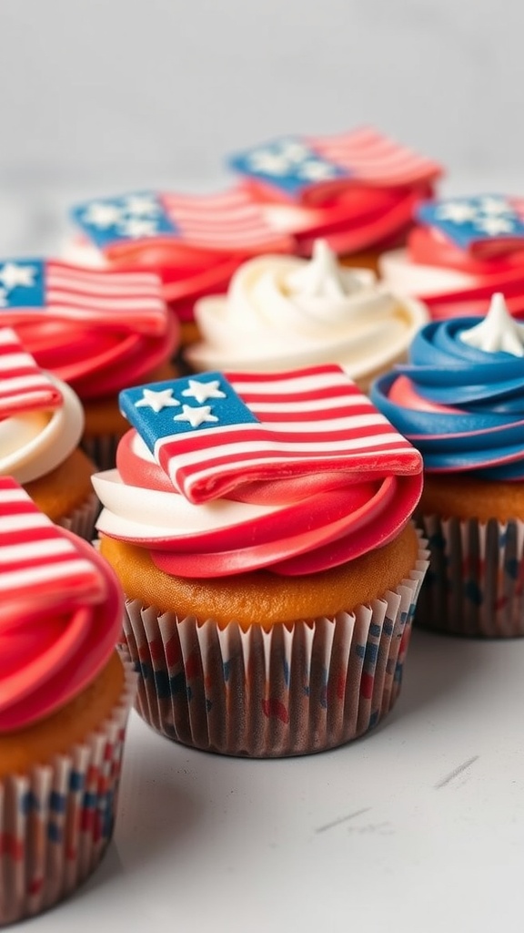 Patriotic cupcakes decorated with red, white, and blue frosting and flag toppers.