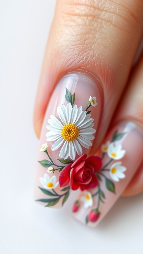 Close-up of floral nail art featuring daisies and roses on a nude background.