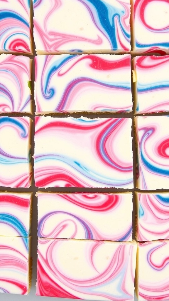 Colorful marbled cheesecake bars with red and blue swirls.