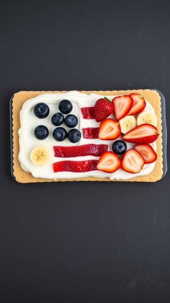 A colorful fruit pizza decorated in red, white, and blue, perfect for a patriotic celebration.