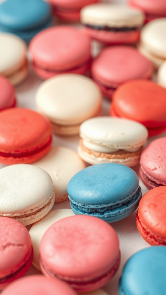 Colorful macarons in red, white, and blue for a patriotic theme.