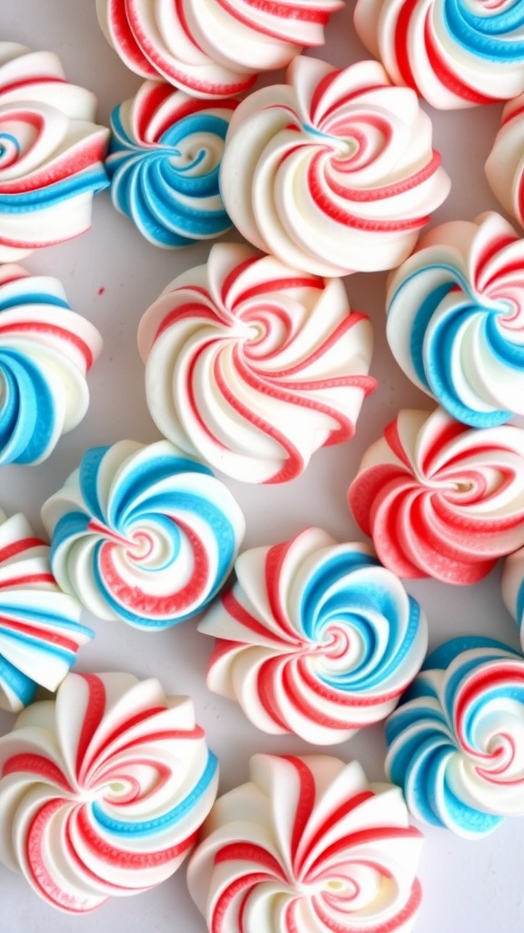 Colorful meringue kisses in red, white, and blue swirls