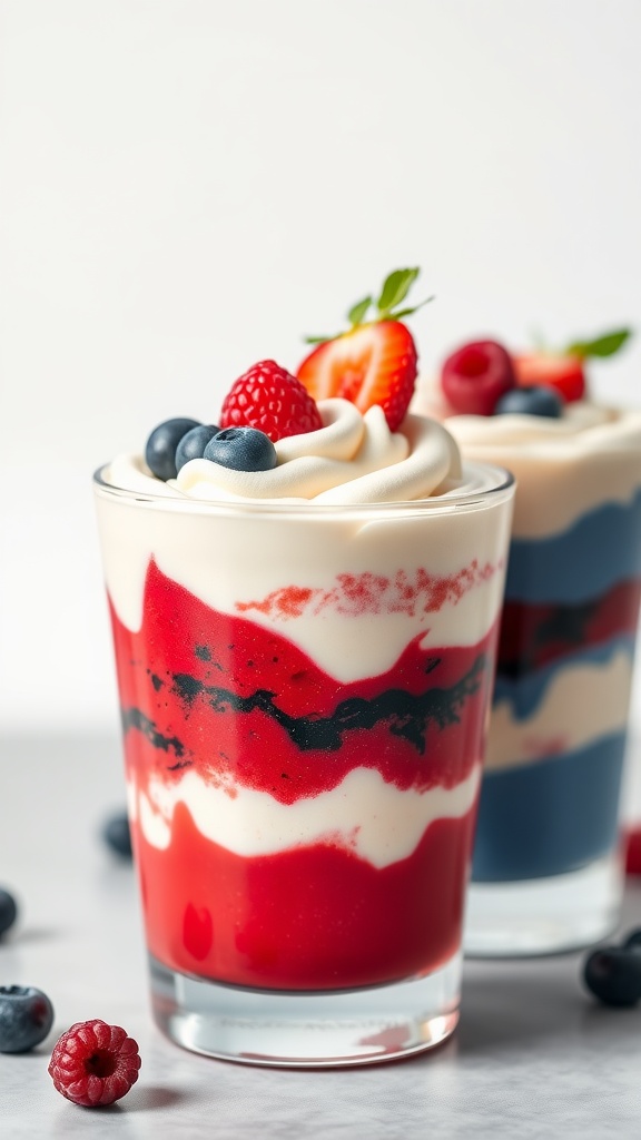 Colorful mousse cups with red raspberry, white vanilla, and blue blueberry layers topped with fresh berries.