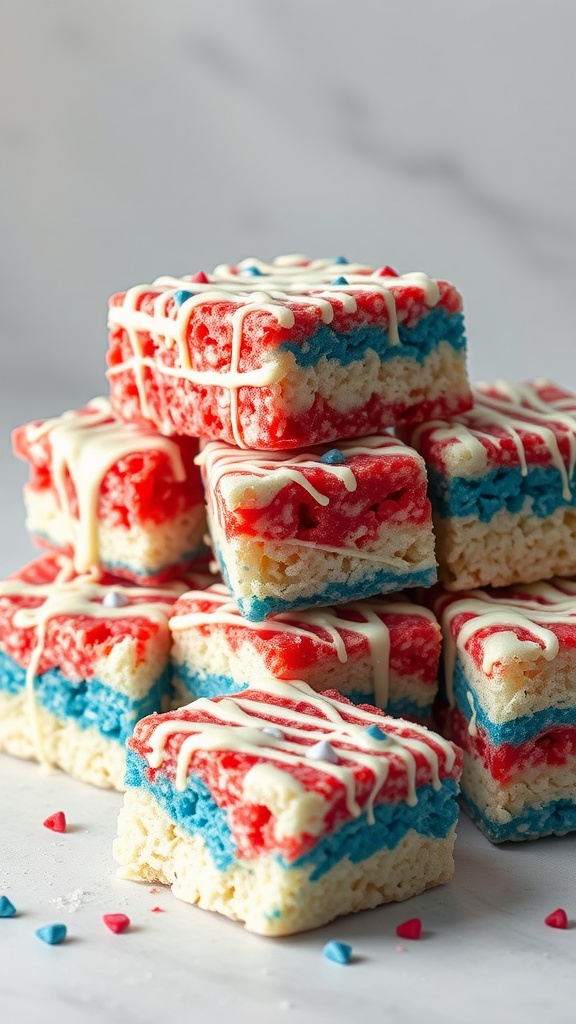 Colorful Rice Krispie Treats in red, white, and blue layers, decorated with white chocolate drizzle.