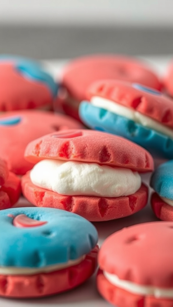 Colorful whoopie pies in red and blue colors sandwiched with cream filling