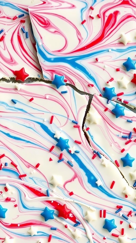 A colorful display of red, white, and blue chocolate bark decorated with star-shaped sprinkles.