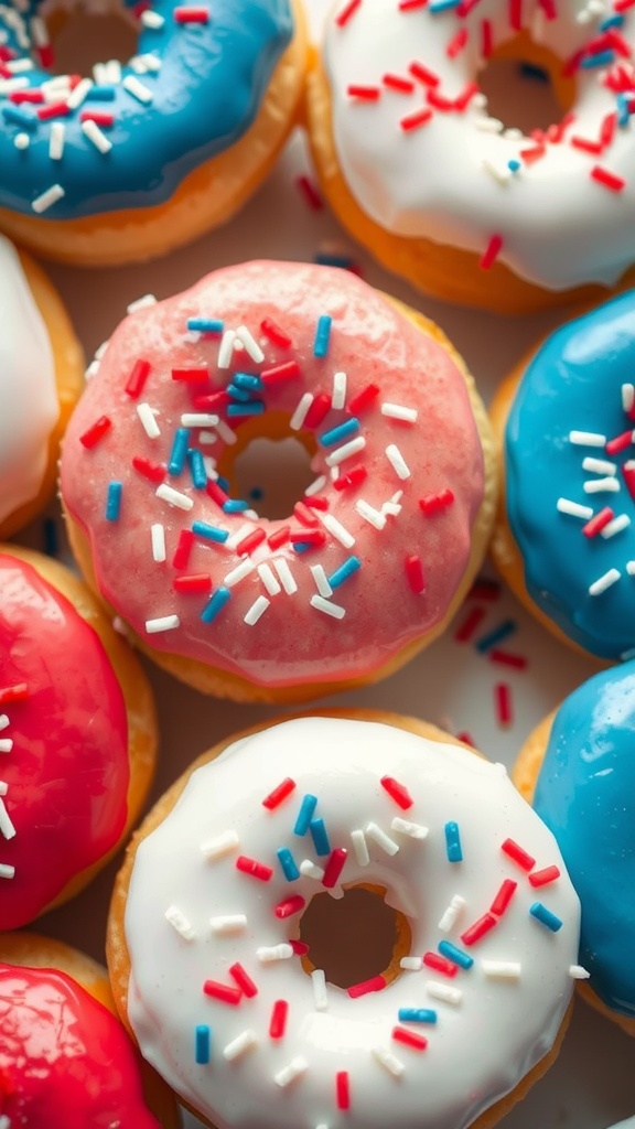 Colorful red, white, and blue donuts decorated with sprinkles
