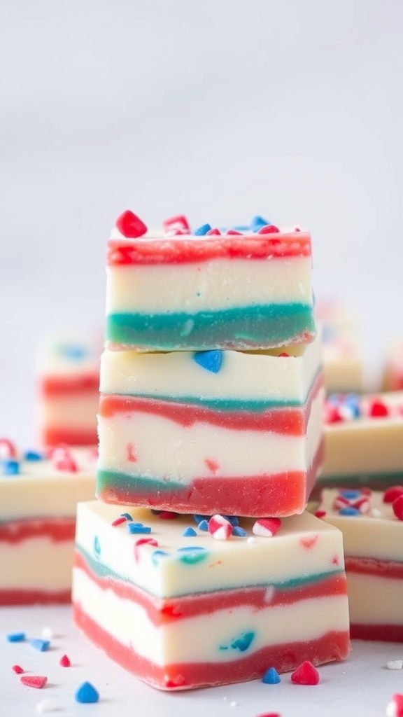 Colorful layered Red, White, and Blue Fudge squares topped with sprinkles.