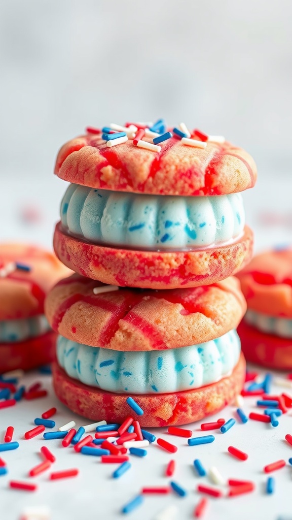 Colorful red and blue ice cream sandwiches stacked with sprinkles.