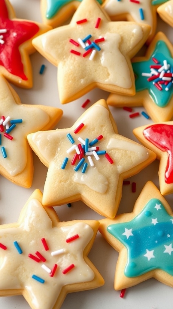 Star-shaped sugar cookies decorated with red, white, and blue sprinkles.